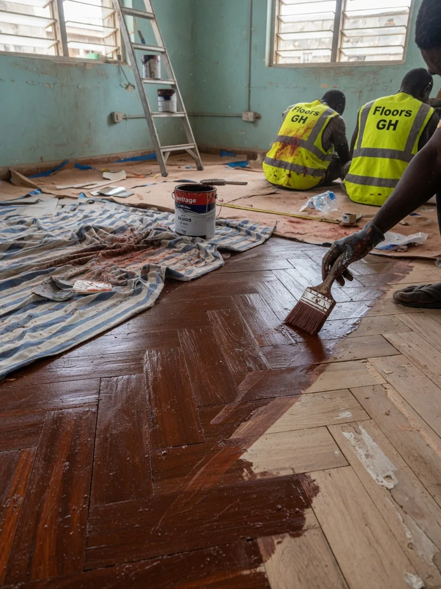 Heritage parquet restoration in Accra, Ghana — species matched parquet block re lay grain match closeup floorsgh, Accra Ghana